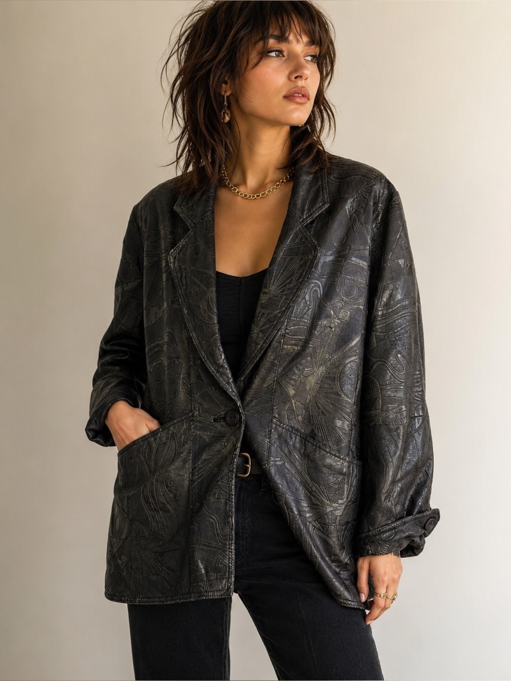 Cortefiel Womens 12 Black Leather Blazer Embossed Abstract Art Jacket Vintage